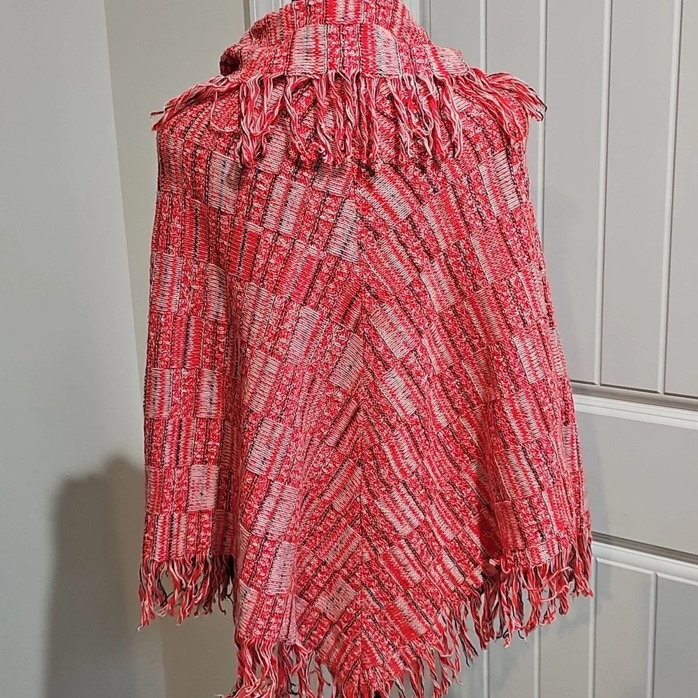Boho Orange, Black and White Fringe Poncho, Womens One Size - Picture 4 of 7